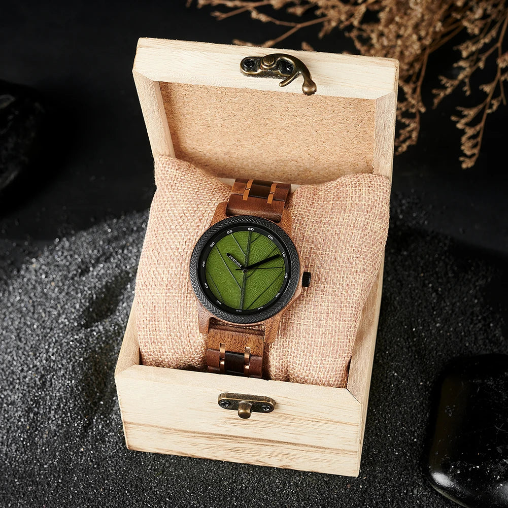 Men's Unique Leaf Dial Design Wooden Wristwatch - Quartz Movement - Analog Display