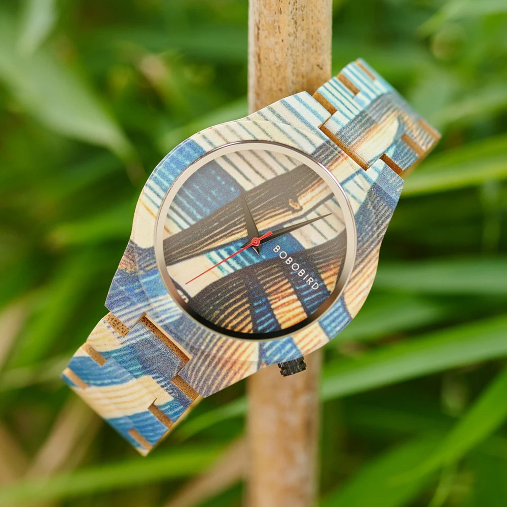 Men's Bamboo Wooden Watch with Pattern - Quartz Movement Pattern Printed Colorful Wristwatch
