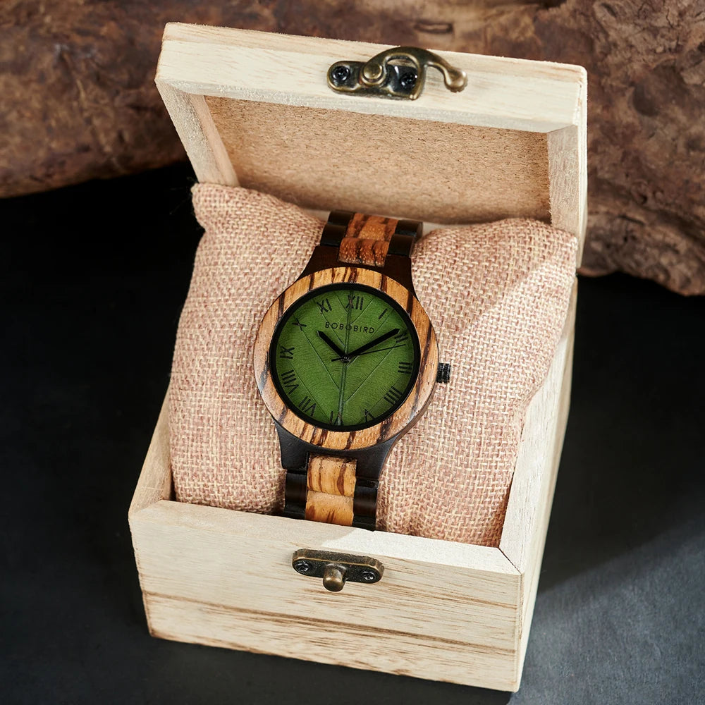 Wooden Mens Watch with Leaf Dial Design - Quartz Movement and Round Face - Casual Dress Wristwatch for Men