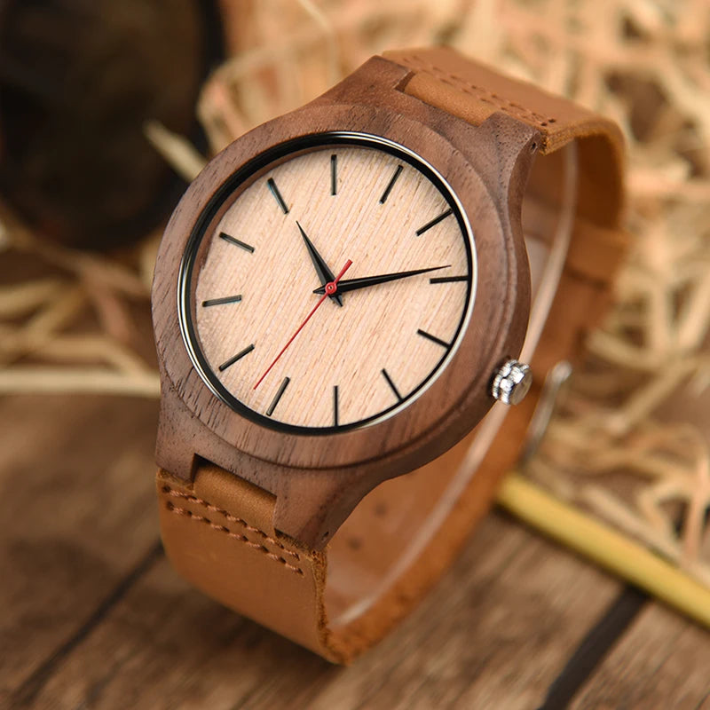 Mens Wooden Face Watch With Leather Wristband - Simple Rustic Timepiece
