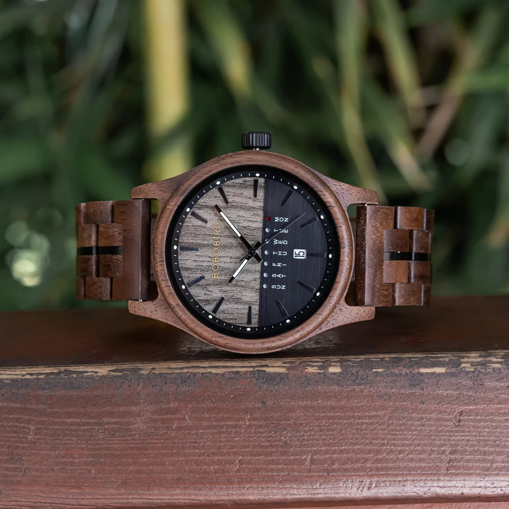 Men's Wooden Wooden Wristwatch - Quartz Movement with Week & Date Display Calendar