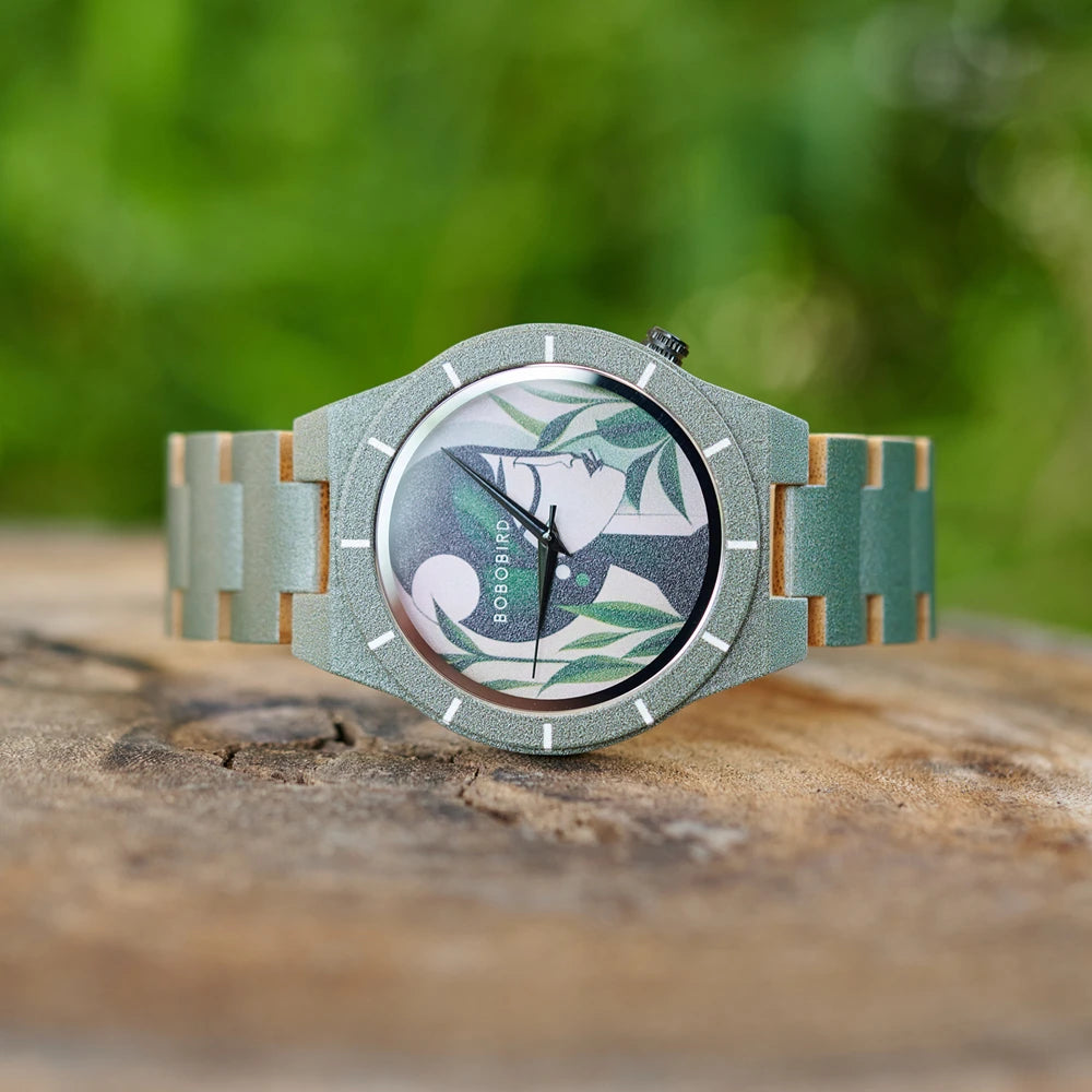 Men's Bamboo Wooden Watch with Pattern - Quartz Movement Pattern Printed Colorful Wristwatch