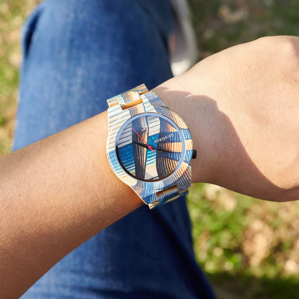 Men's Bamboo Wooden Watch with Pattern - Quartz Movement Pattern Printed Colorful Wristwatch