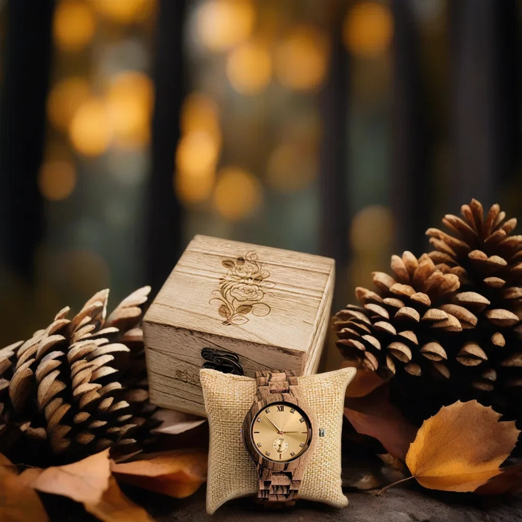 Women’s Gold Luxury Wooden Watch - Casual Fashion Wrist Watch For Women With Simulated Diamond Dial