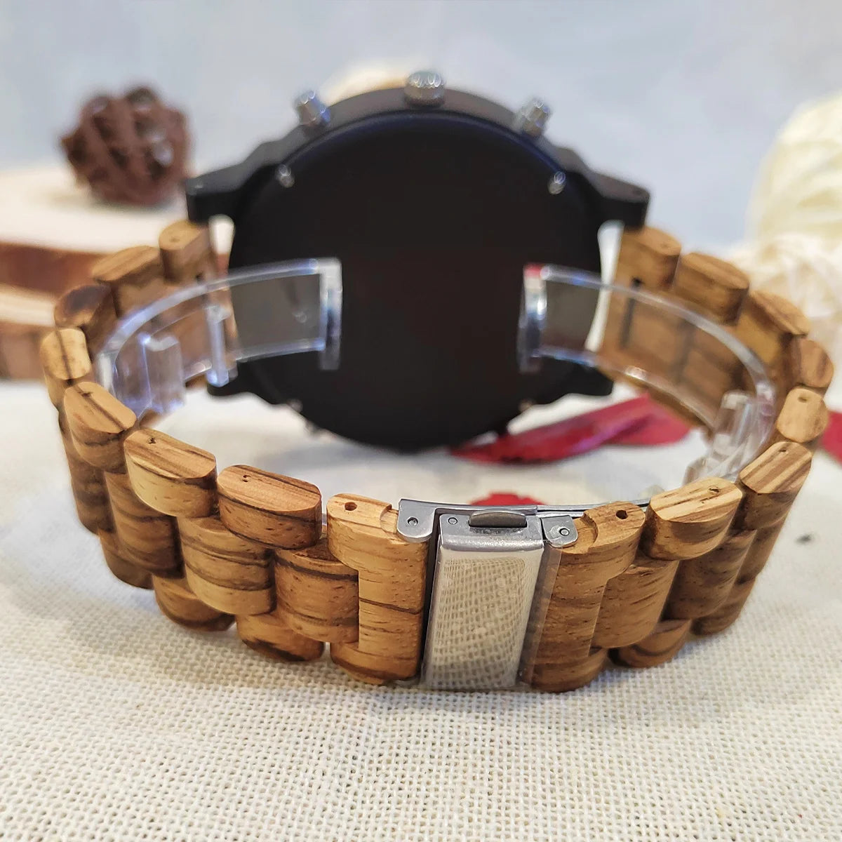 Men's Large Chronographic Dial Wooden Watch - Sports Style With Luminous Hands And Quartz Movement