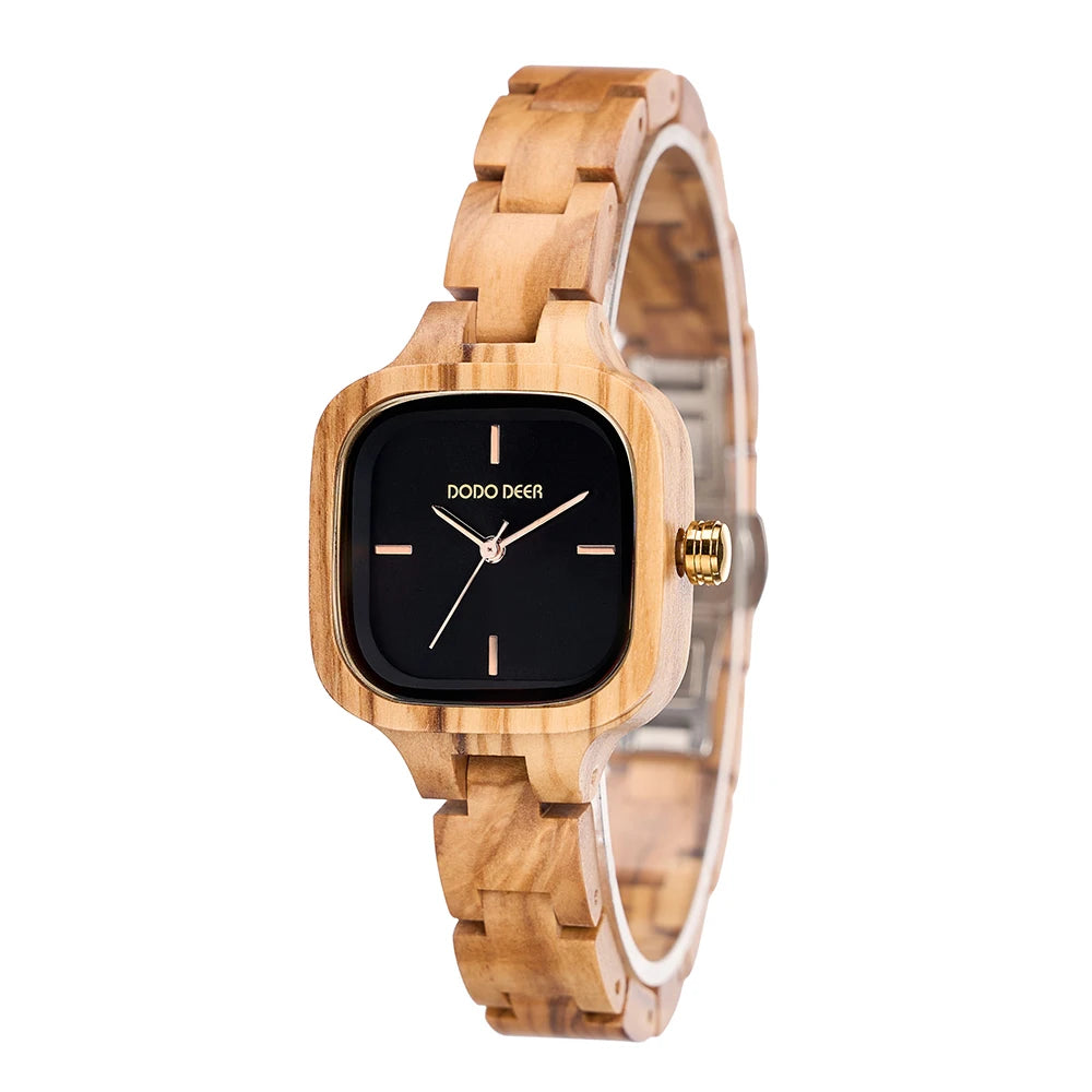 Women’s Wooden Quartz Wristwatch With Square Face - Black Numberless Analog Display