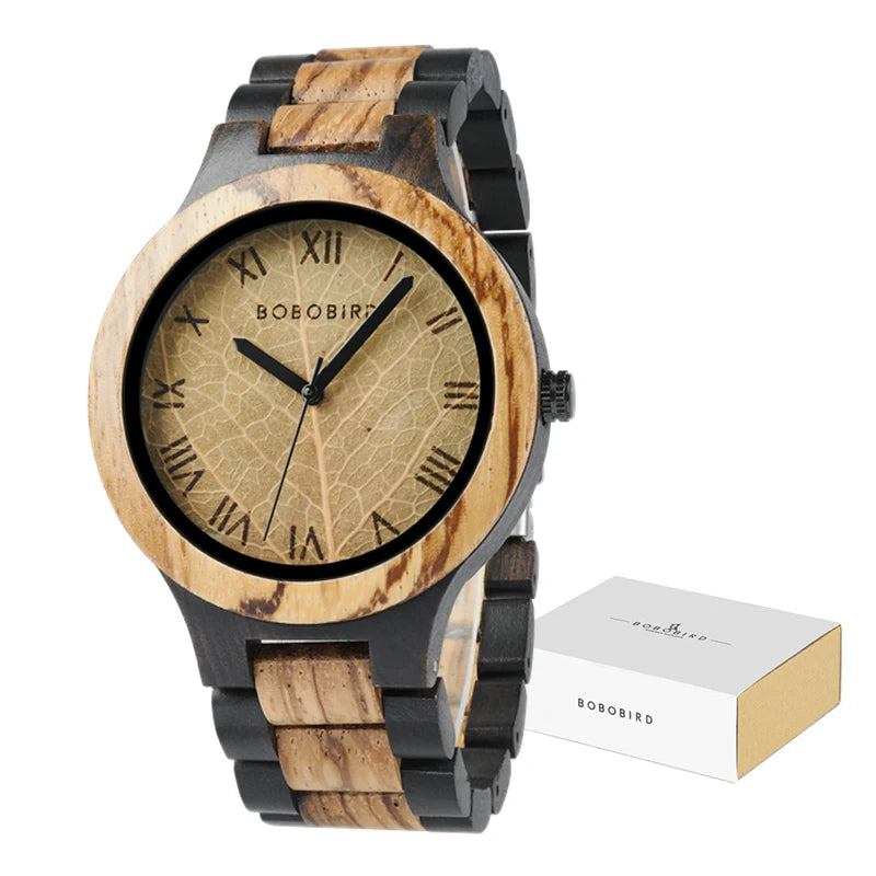 Unisex Wooden Watch With Leaf Dial Design - Classic Analog Quartz Movement Casual Dress Wristwatch for Men & Women
