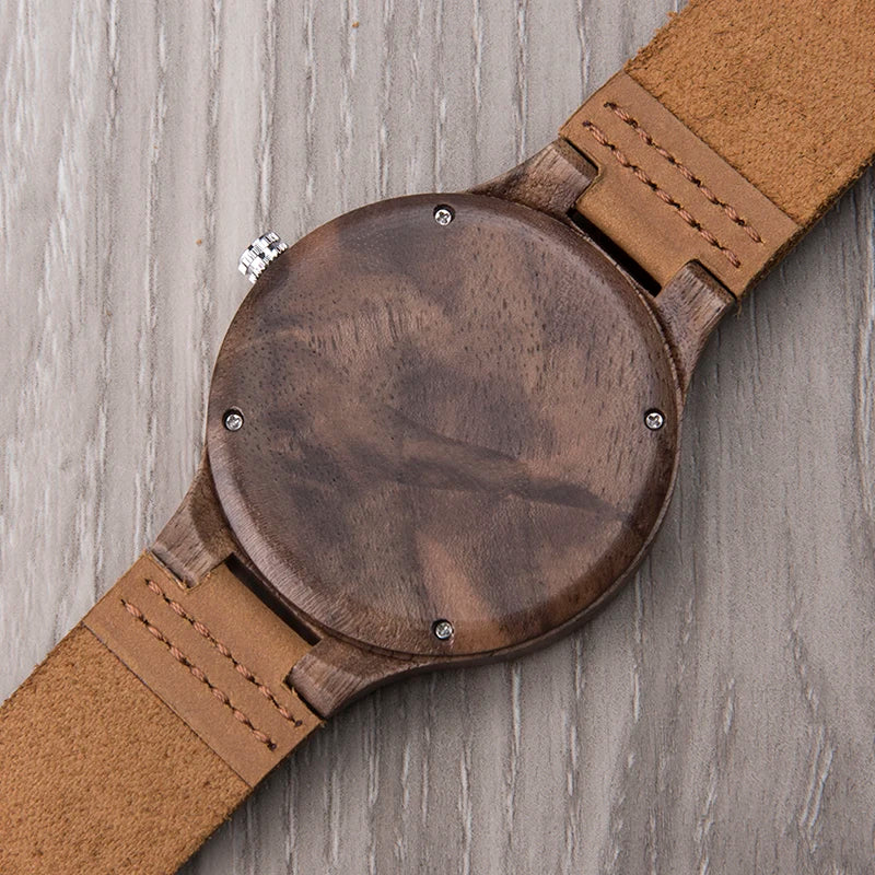 Mens Wooden Face Watch With Leather Wristband - Simple Rustic Timepiece