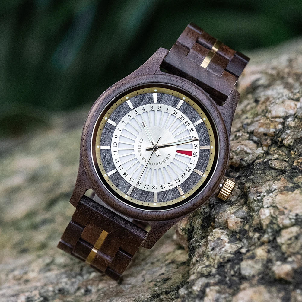 Unique Men's Wooden Watch Design - Chronographic Date Display On Face Wristwatch for Men