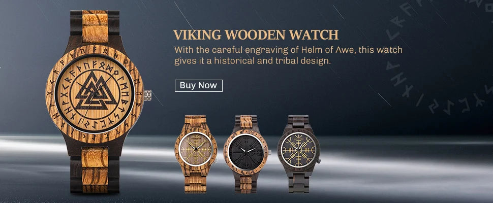Men's Handmade Wooden Wristwatch - Viking Style Carved Round Face - Quartz Movement