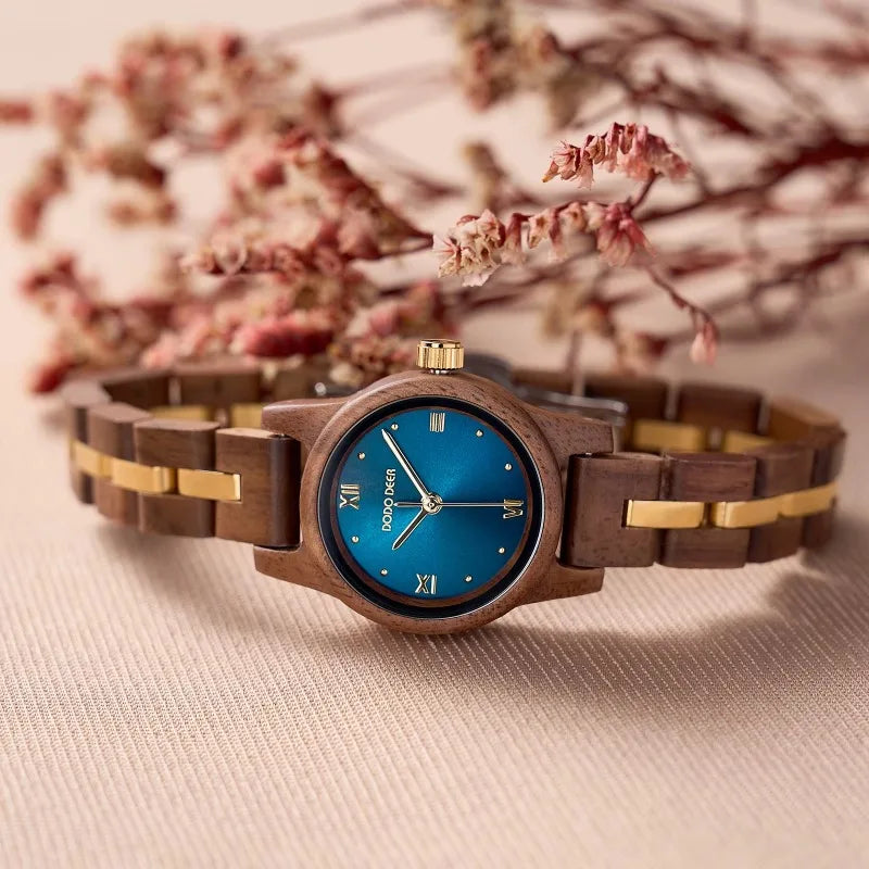 Women’s Wooden Fashion Watch - Blue Analog Face With Roman Numerals And Gold Tone