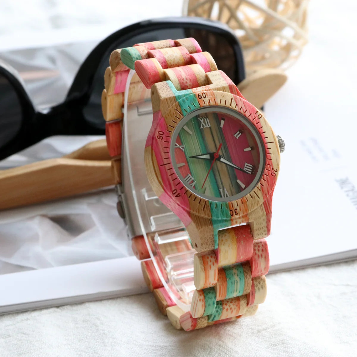 Women's Multicolor Natural Bamboo Wooden Watch - Classic Quartz Movement Analog Wristwatch for Ladies