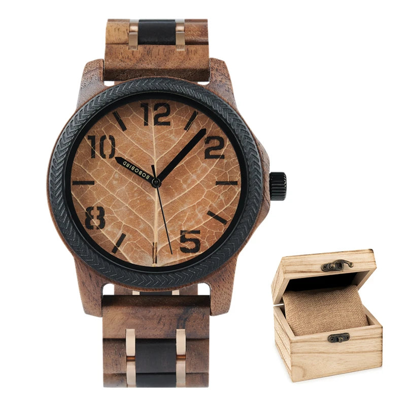 Men's Unique Leaf Dial Design Wooden Wristwatch - Quartz Movement - Analog Display