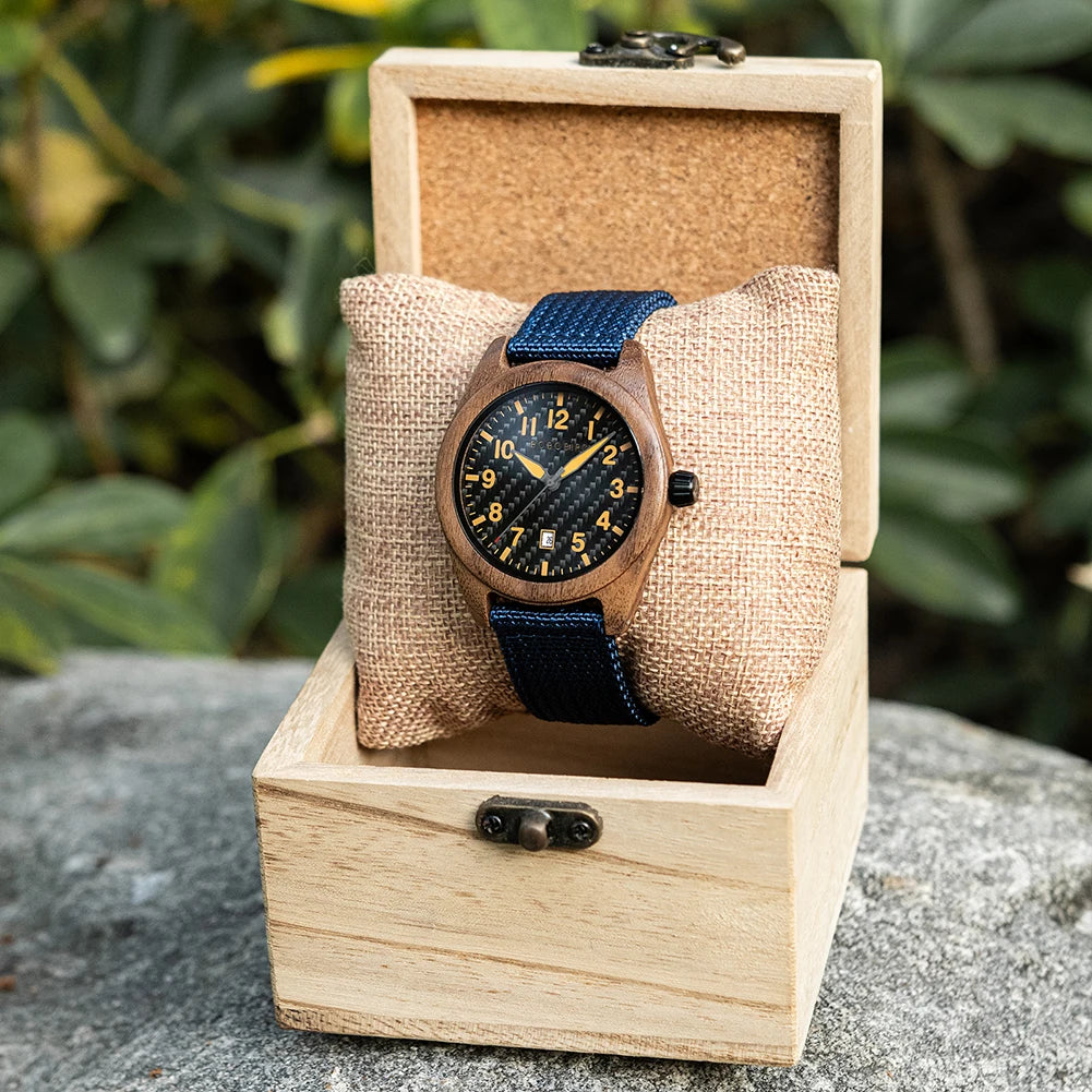 Vintage Mens Wooden Watch - Nylon Strap Casual Wristwatch for Men