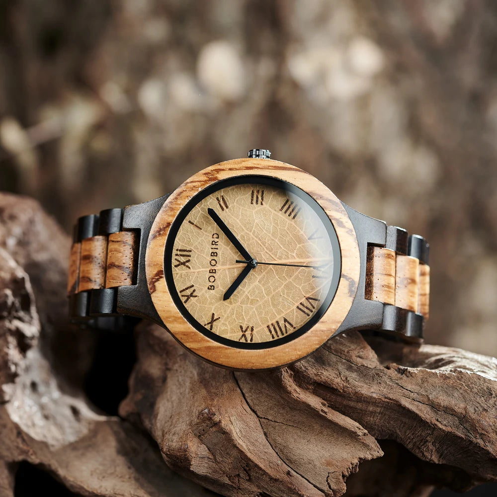 Unisex Wooden Watch With Leaf Dial Design - Classic Analog Quartz Movement Casual Dress Wristwatch for Men & Women