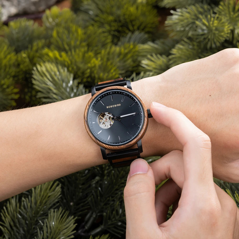 Men's Automatic Watch - Wood & Stainless Steel Combined - Mechanical Movement Self-Winding Wristwatch