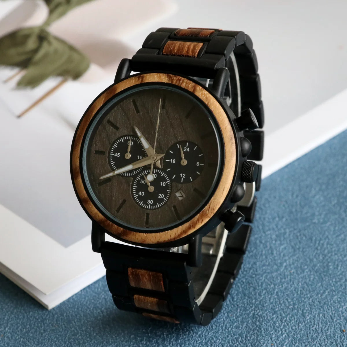 Men's Wooden Watch - Chronographic Stylish Quartz Movement with Luminous Hands
