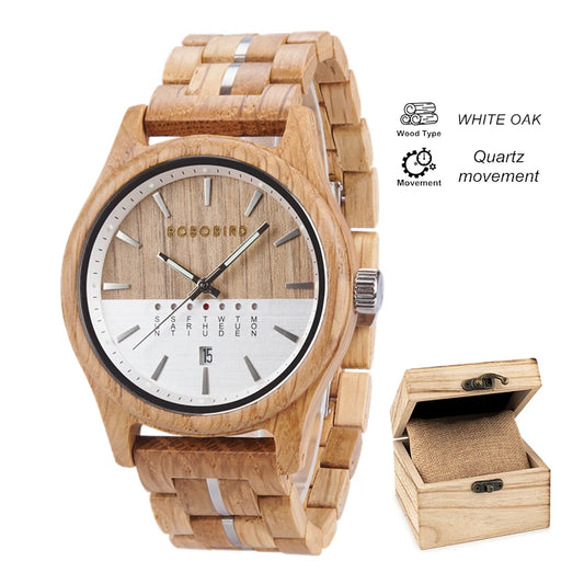 Men's Wooden Wooden Wristwatch - Quartz Movement with Week & Date Display Calendar