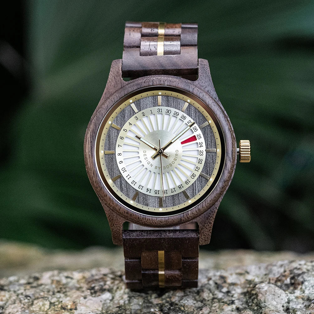 Unique Men's Wooden Watch Design - Chronographic Date Display On Face Wristwatch for Men