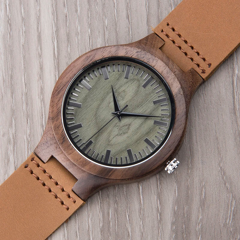 Mens Wooden Face Watch With Leather Wristband - Simple Rustic Timepiece