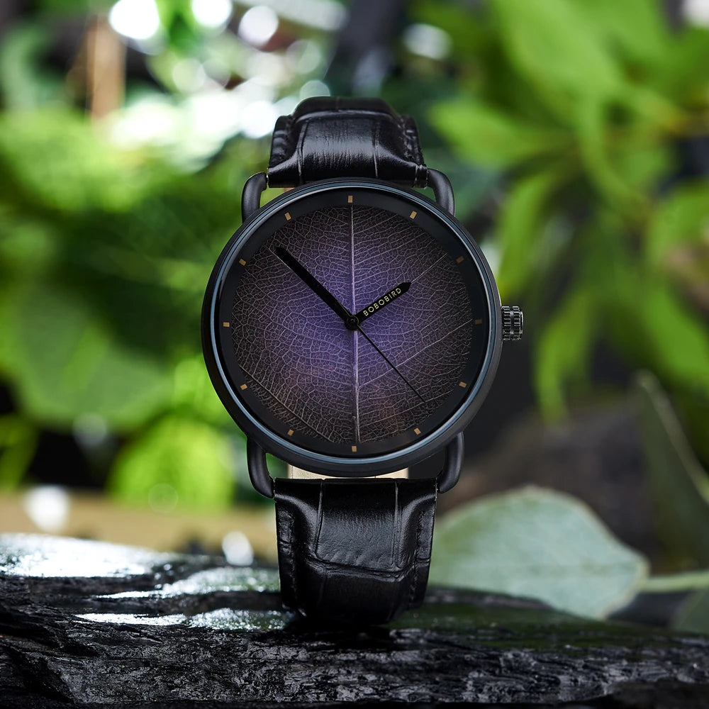 Unisex Wooden Watch With Real Leaf Dial Pattern - Fashion Wristwatch With Genuine Leather Strap For Men or Women
