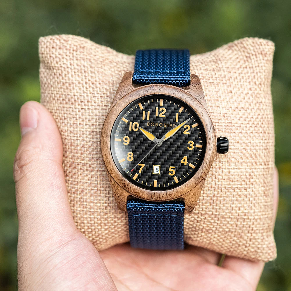 Vintage Mens Wooden Watch - Nylon Strap Casual Wristwatch for Men