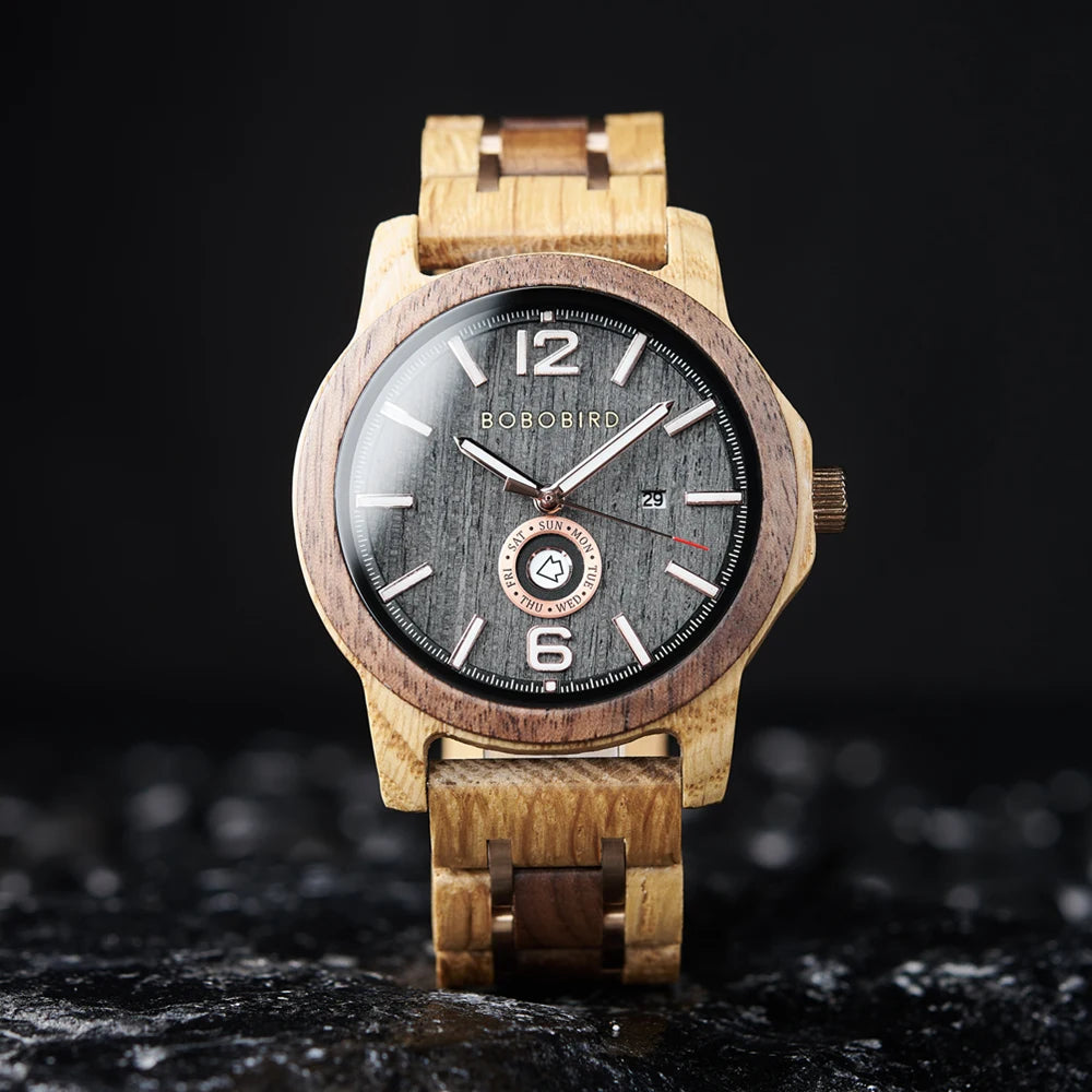 Mens Wooden Watch - Analog Watch for Men With Gift Box - Round Face Quartz Movement