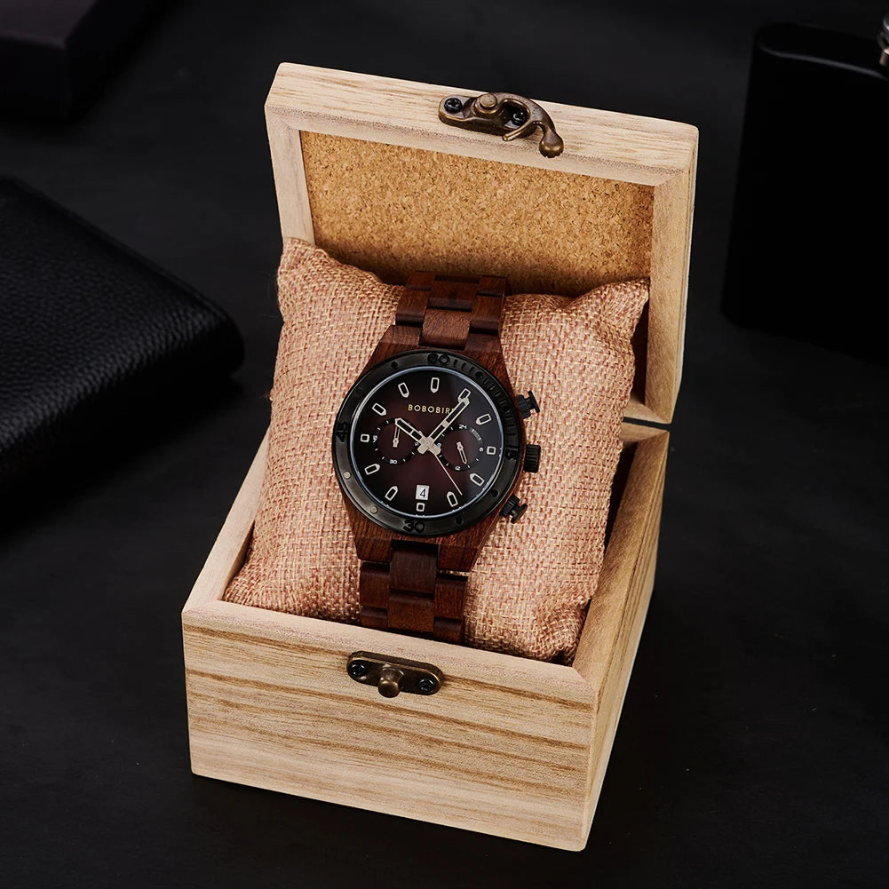Luxury Men's Wooden Watch With Chronographic Date Display