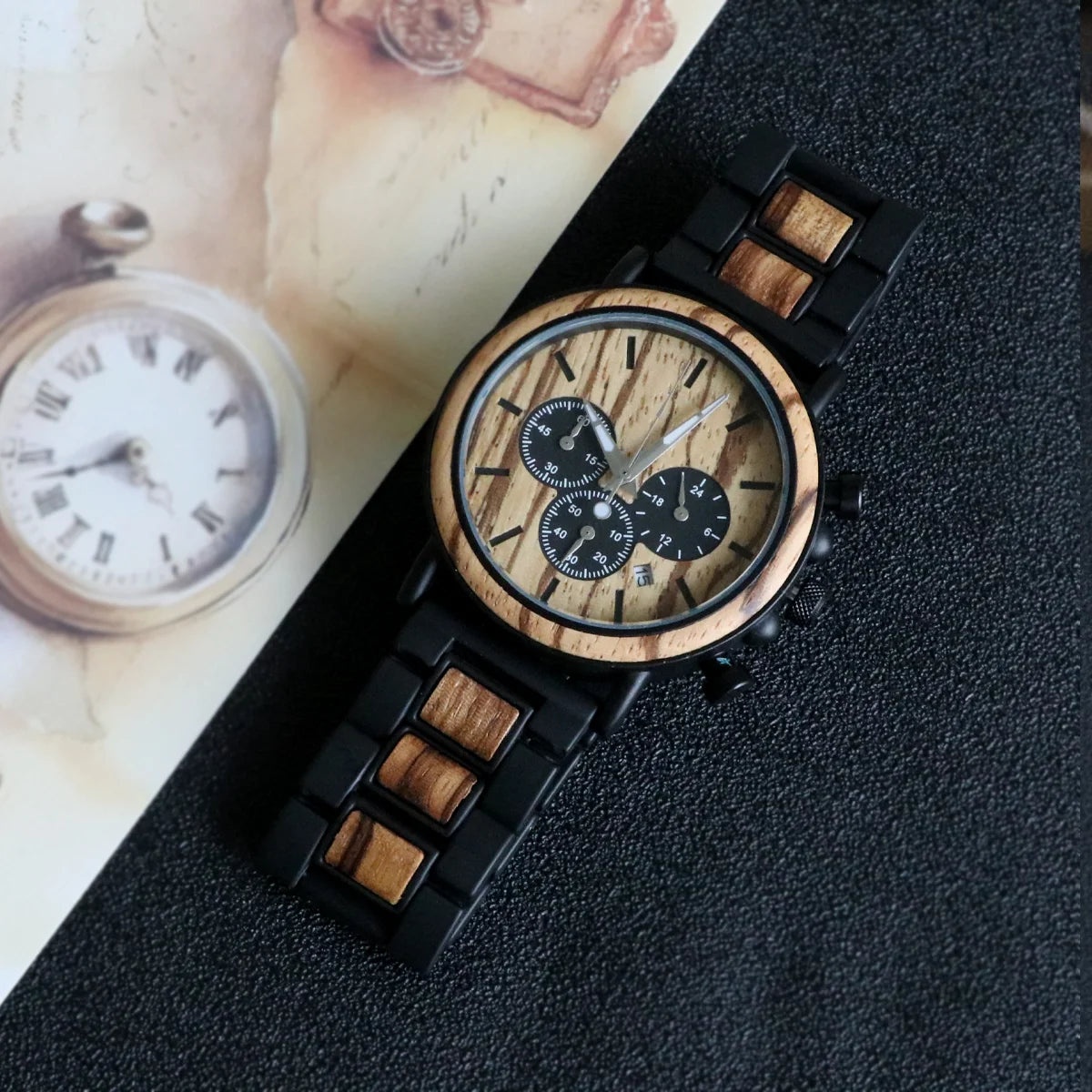 Men's Wooden Watch - Chronographic Stylish Quartz Movement with Luminous Hands