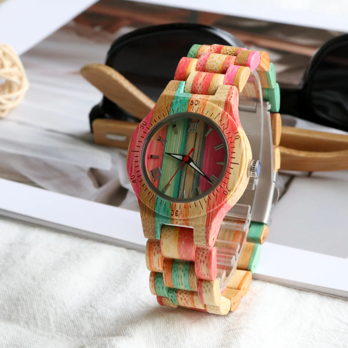 Women's Multicolor Natural Bamboo Wooden Watch - Classic Quartz Movement Analog Wristwatch for Ladies
