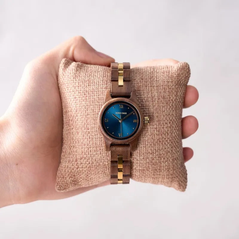 Women’s Wooden Fashion Watch - Blue Analog Face With Roman Numerals And Gold Tone