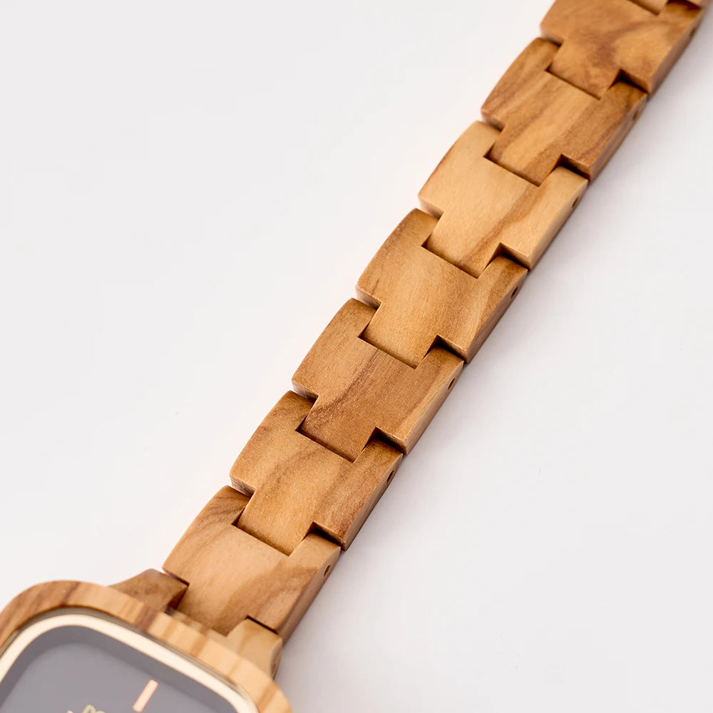 Women’s Wooden Quartz Wristwatch With Square Face - Black Numberless Analog Display