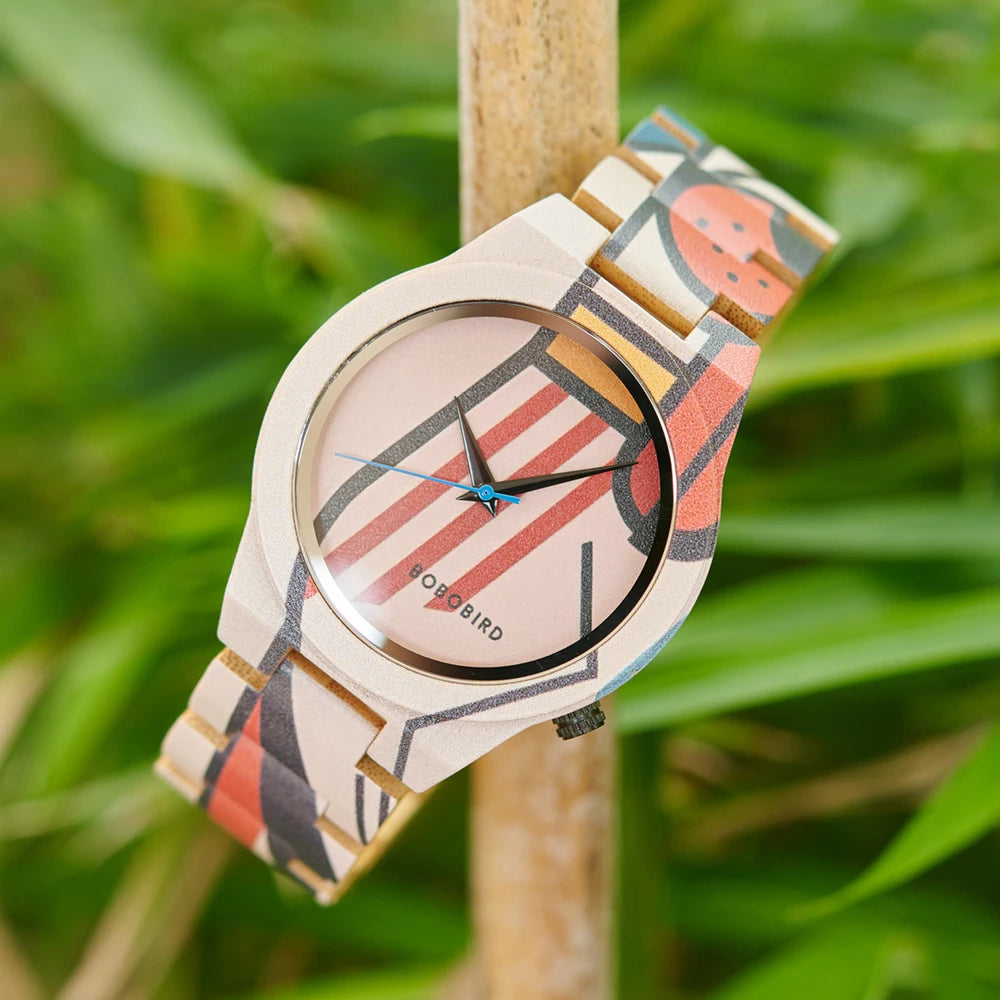 Men's Bamboo Wooden Watch with Pattern - Quartz Movement Pattern Printed Colorful Wristwatch
