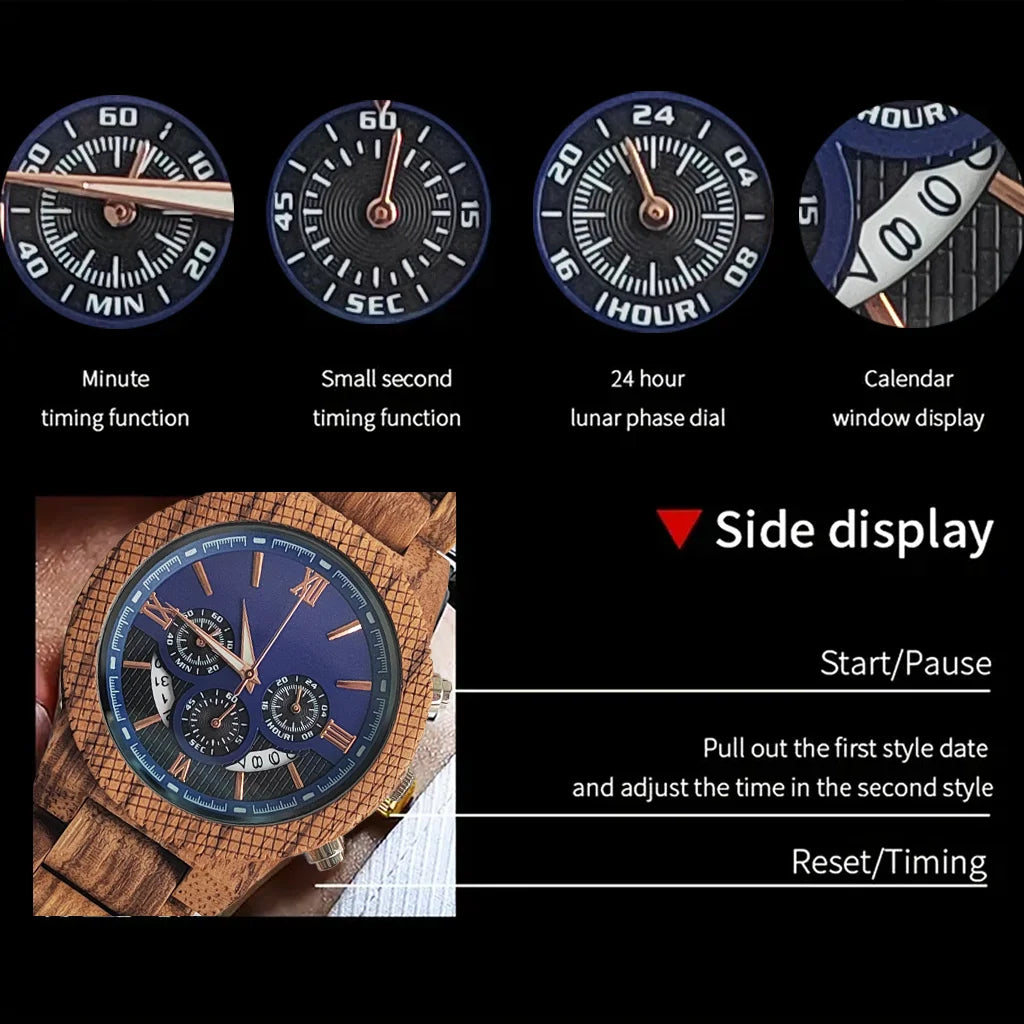 Wooden Wrist Watch for Men - Luxury Stylish Multifunction Chronographic Face