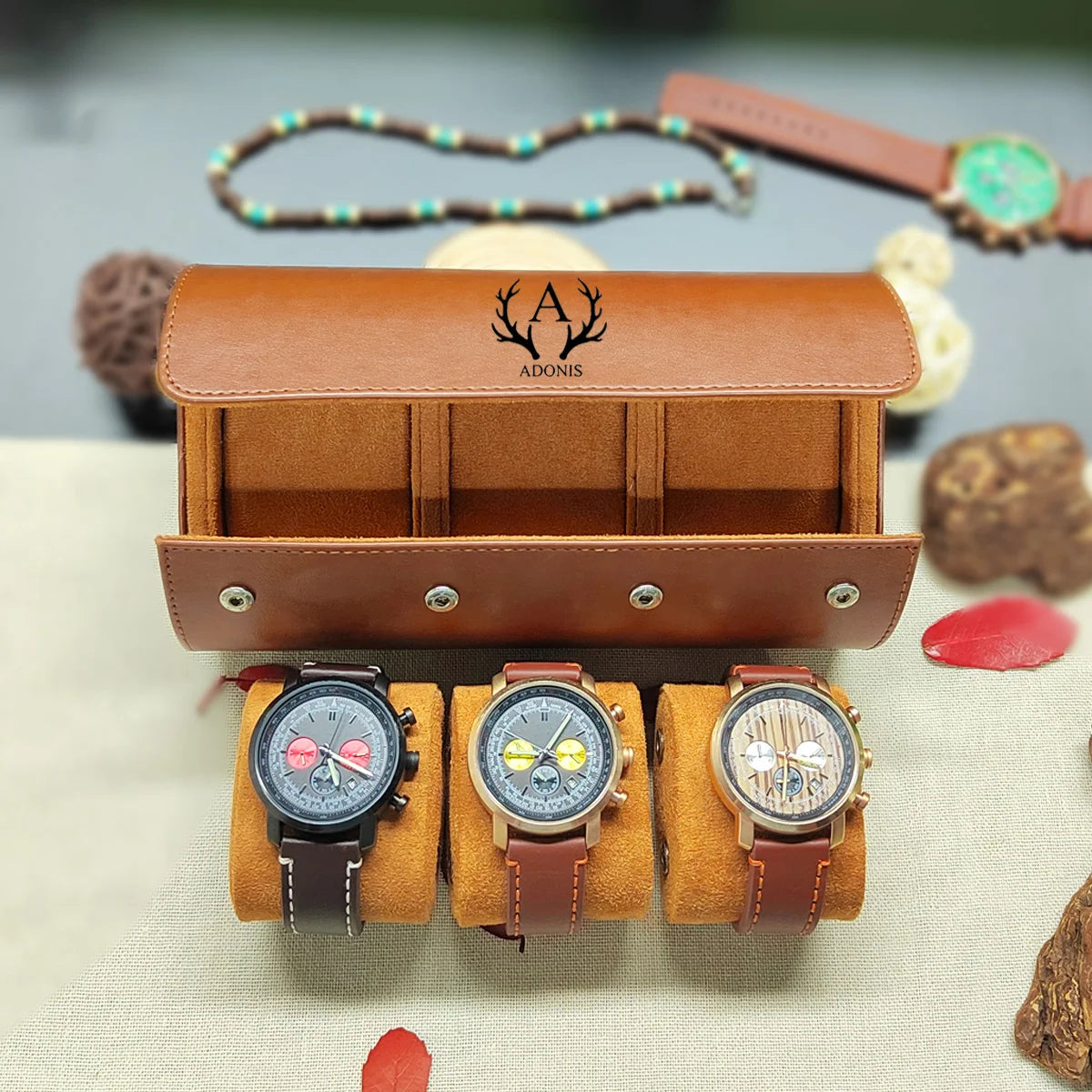 1/2/3-Slot Watch Roll Personalized Leather Travel Case - Custom Watch Case - Watch Storage Box