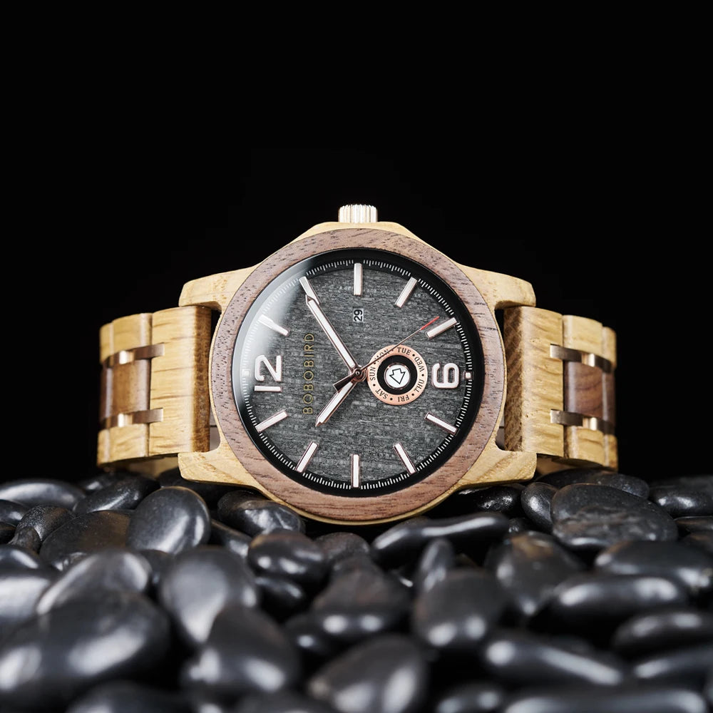 Mens Wooden Watch - Analog Watch for Men With Gift Box - Round Face Quartz Movement