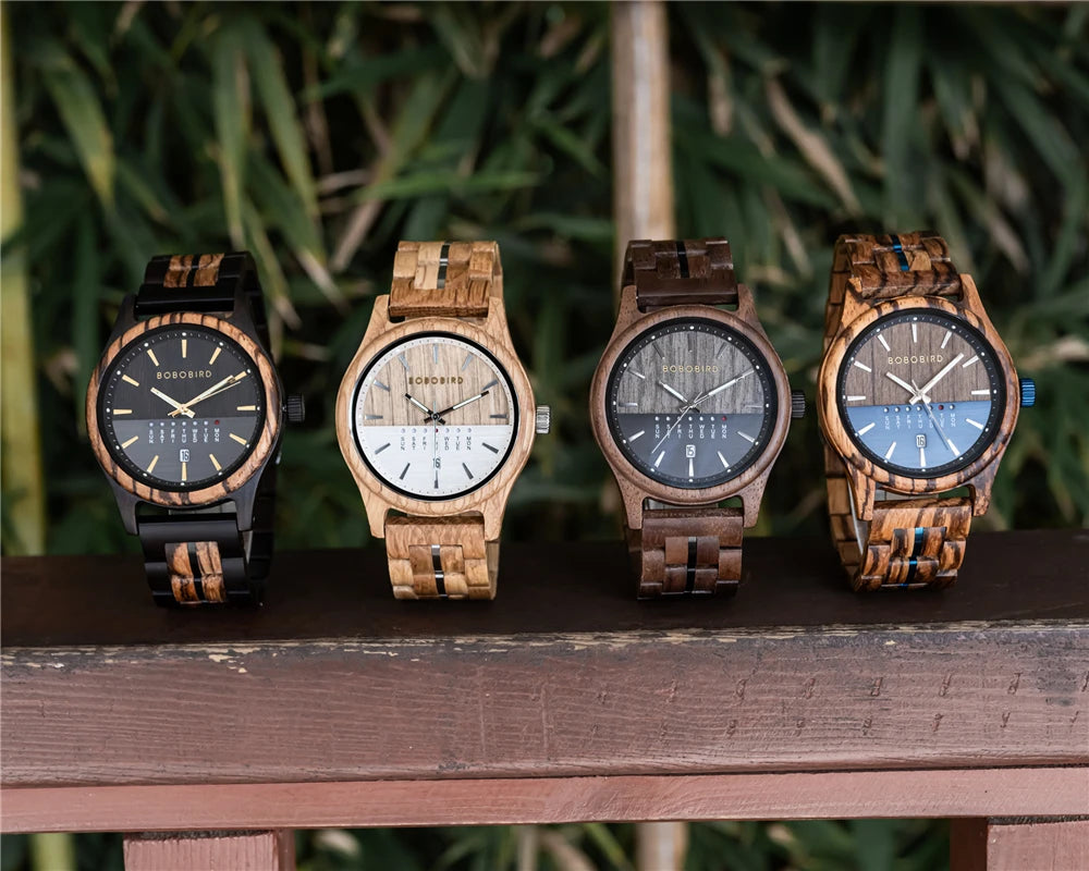 Men's Wooden Wooden Wristwatch - Quartz Movement with Week & Date Display Calendar