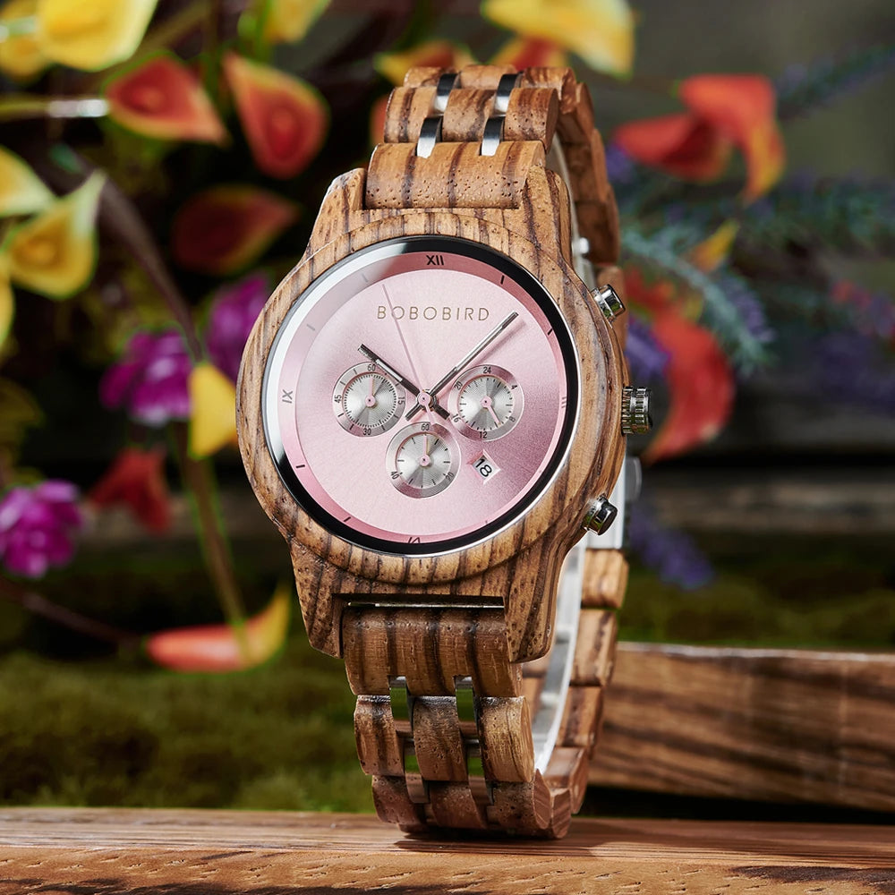 Wooden Women's Watch with 3 Sub Dials Chronograph