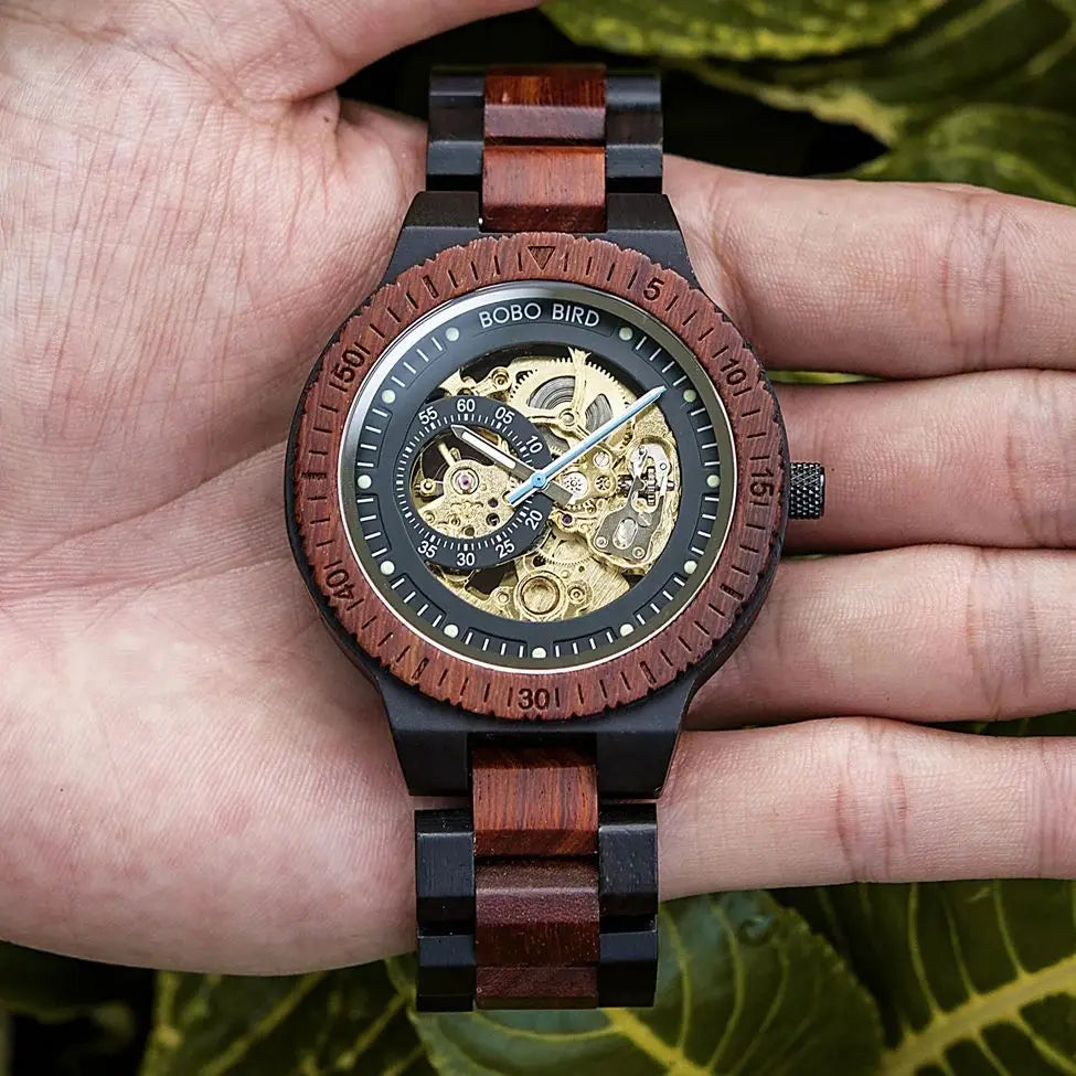 Men's Automatic Wooden Watch - Self-Wind Mechanical Skeleton Wristwatch