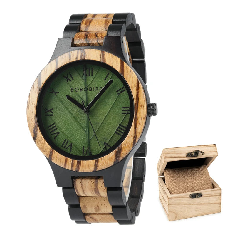 Wooden Mens Watch with Leaf Dial Design - Quartz Movement and Round Face - Casual Dress Wristwatch for Men