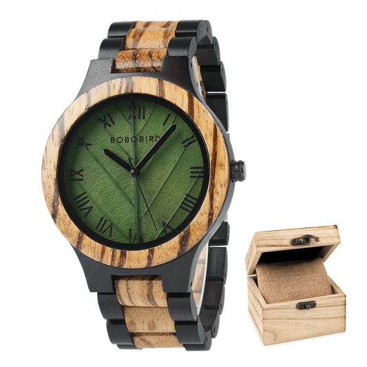 Wooden Mens Watch with Leaf Dial Design - Quartz Movement and Round Face - Casual Dress Wristwatch for Men
