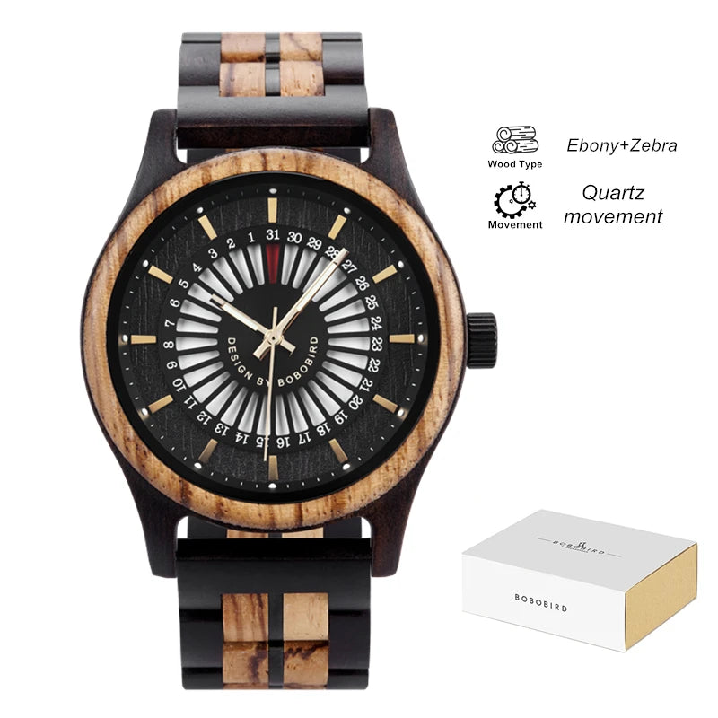 Unique Men's Wooden Watch Design - Chronographic Date Display On Face Wristwatch for Men