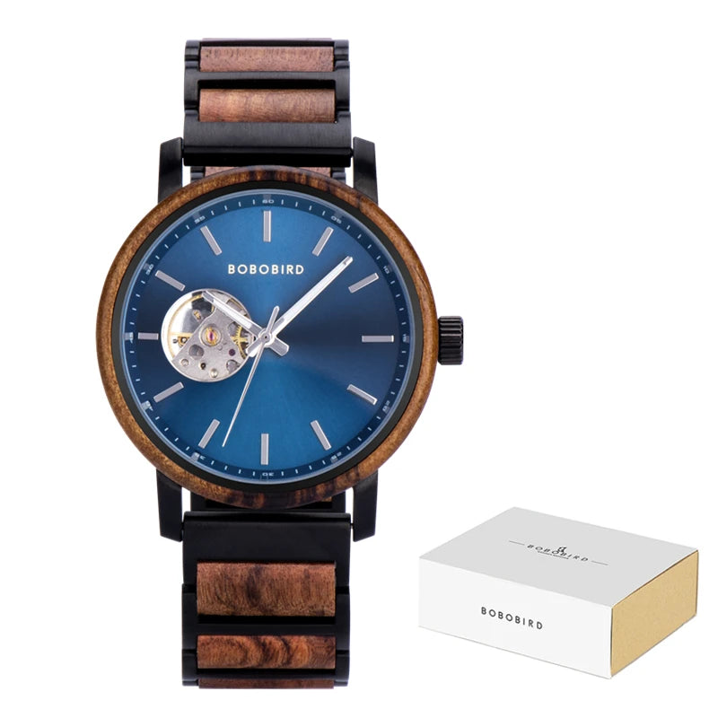 Men's Automatic Watch - Wood & Stainless Steel Combined - Mechanical Movement Self-Winding Wristwatch