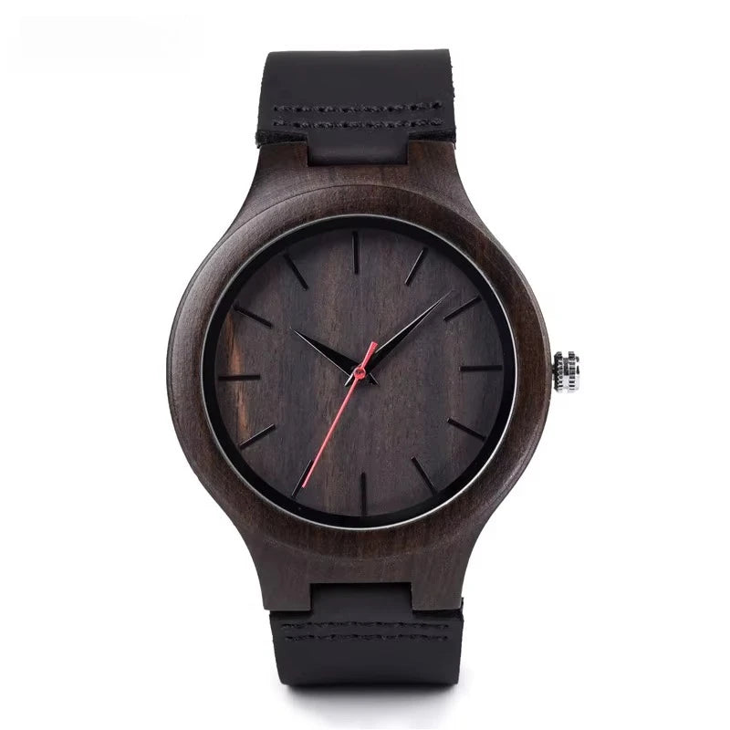 Men’s Wooden Watch With Round Analog Face - Quartz Movement Chocolate Colored Wooden Body