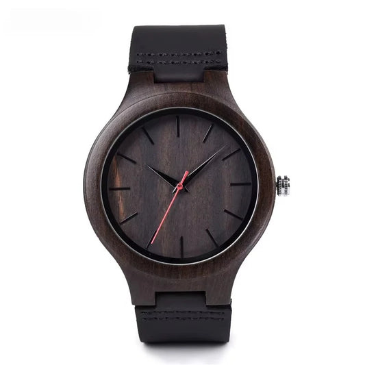 Men’s Wooden Watch With Round Analog Face - Quartz Movement Chocolate Colored Wooden Body