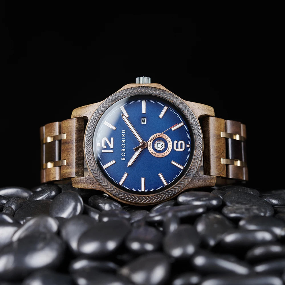 Mens Wooden Watch - Analog Watch for Men With Gift Box - Round Face Quartz Movement