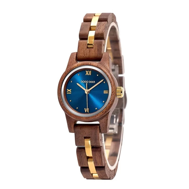 Women’s Wooden Fashion Watch - Blue Analog Face With Roman Numerals And Gold Tone
