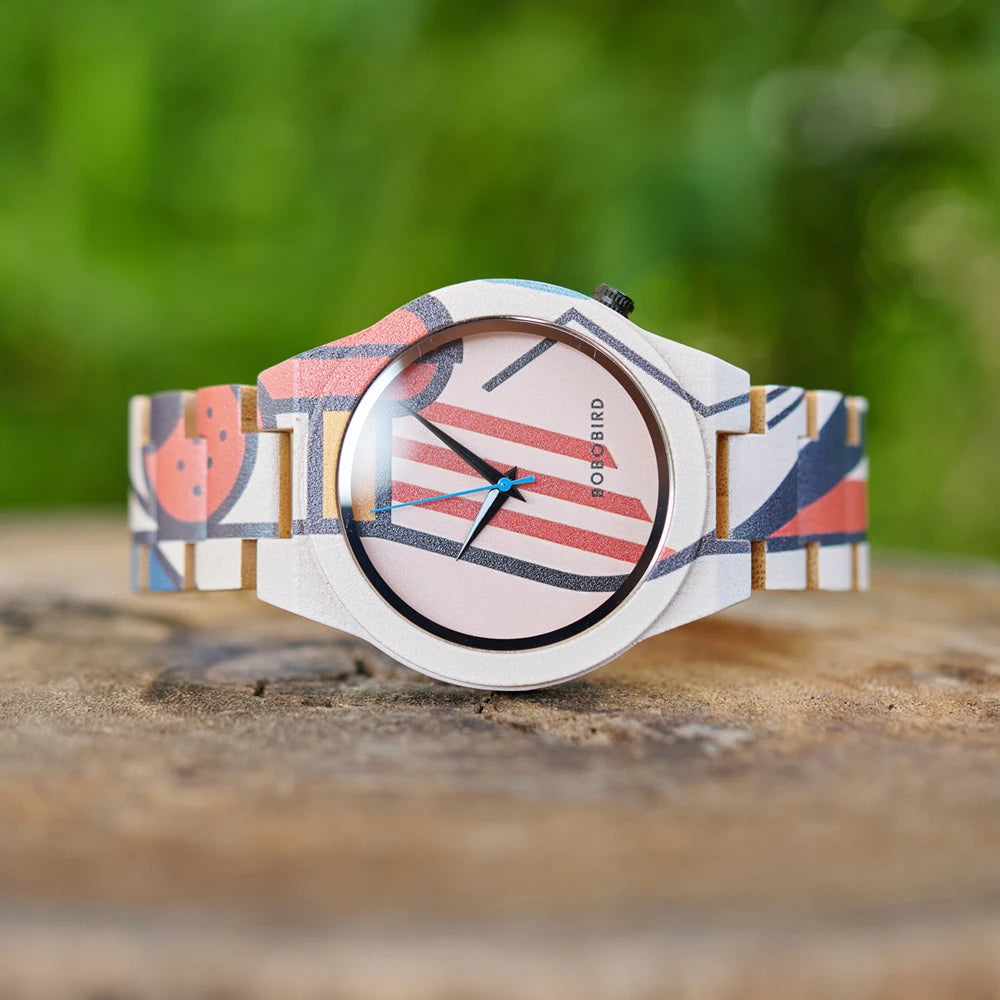 Men's Bamboo Wooden Watch with Pattern - Quartz Movement Pattern Printed Colorful Wristwatch