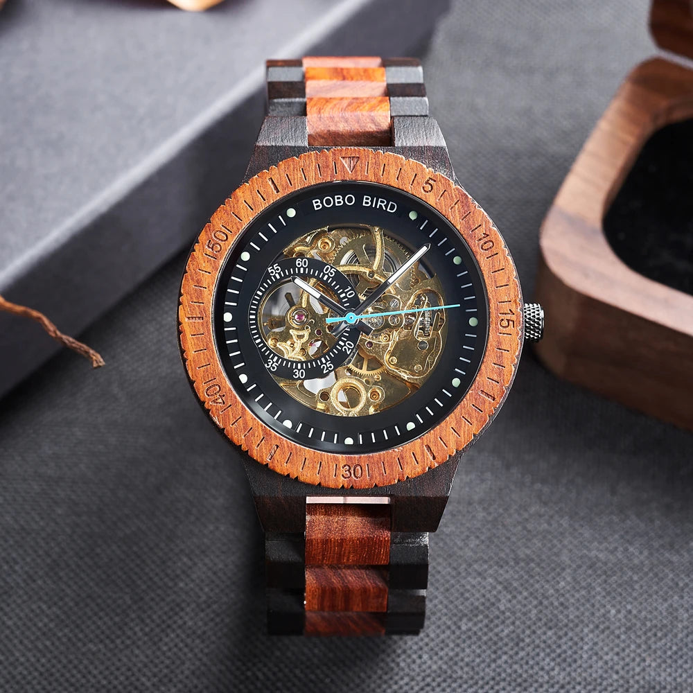 Men's Automatic Wooden Watch - Self-Wind Mechanical Skeleton Wristwatch