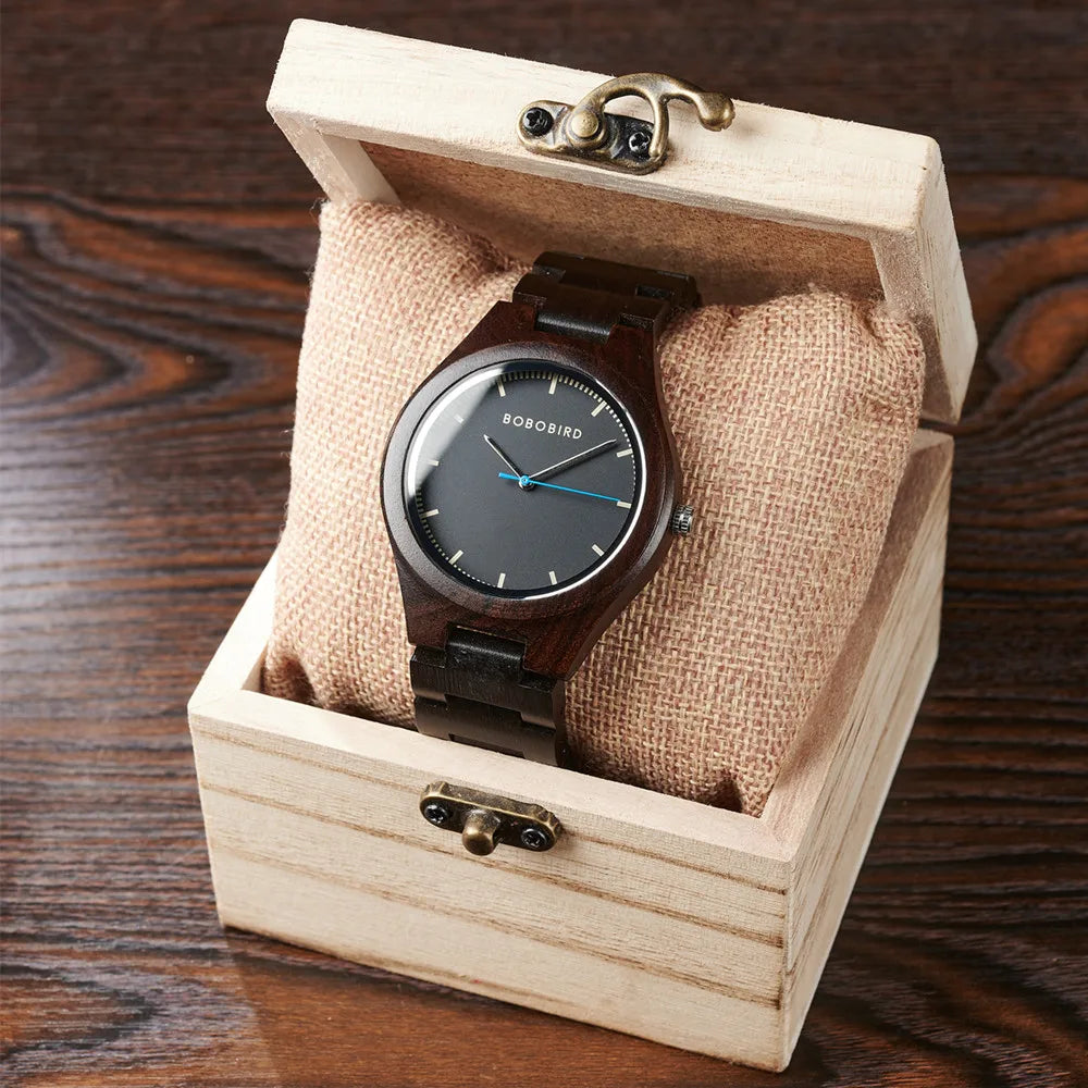 Men's Wooden Watch for Casual Dress - Wrist Watch with Ebony Wood and Analog Face
